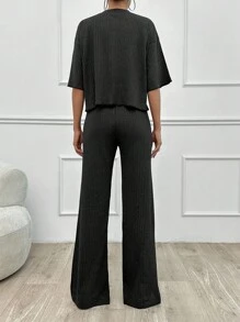 EURMUSE 纯棉简约夏季纯色宽松落肩短袖上衣和直筒裤