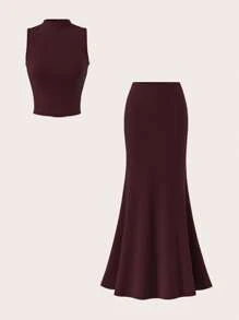 SHEIN Tall Dark Plum Knitted Fishtail Long Skirt + Small High Collar Top Two Pieces Suit - Brown - View 1
