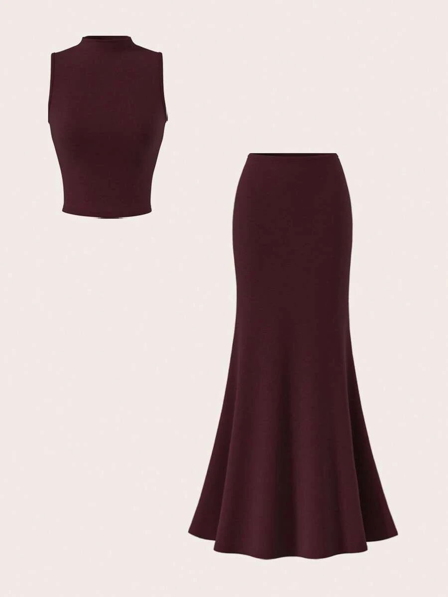 SHEIN Tall Dark Plum Knitted Fishtail Long Skirt + Small High Collar Top Two Pieces Suit - Brown - View 1