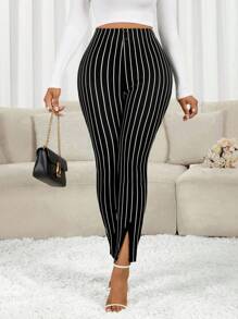 SHEIN Lady 女式纽扣腰设计松紧腰紧身休闲裤 - 彩色 - 查看 3