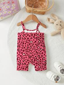 SHEIN Baby Girl Casual Retro Pink Bow Leopard Print Strap Romper, Suitable For Spring And Summer