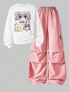 SHEIN ChillGRL 2 件套休闲动漫女孩肖像圆领落肩运动衫和阔腿裤套装，适合少女秋冬 - 彩色 - 查看 4