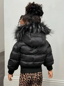 女嬰黑色冬季端莊約會可愛連帽毛邊秋季外套夾克，幼兒時尚保暖純色校隊夾克，休閒百搭 - 彩色 - 查看 2