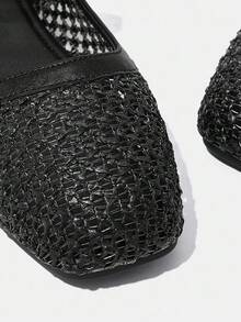 女士圆头低跟黑色编织网眼面料时尚简约优雅杏色扣平底鞋，适合万圣节、圣诞节、秋季 - 黑色 - 查看 8