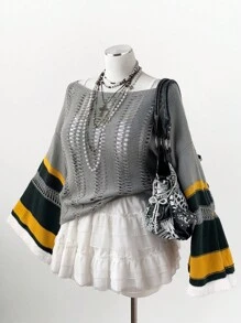 Sunspun Áo len chui đầu kẻ sọc màu tương phản cỡ lớn cho nữ, thiết kế mới cho mùa thu/đông - Xám - Xem 4