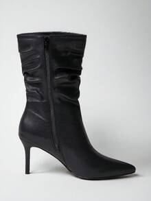 SHUZIA Botas femininas sensuais de salto agulha com bico fino e cano médio em PU, pretas - Preto - Ver 6