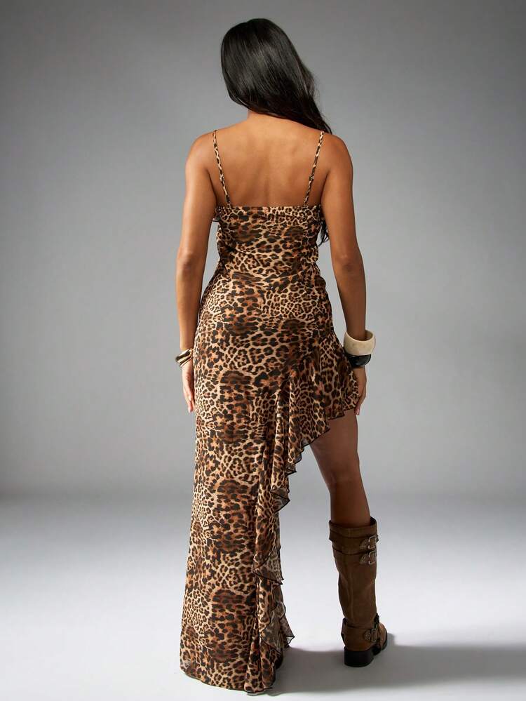 MISSGUIDED Animal Print Ruffled Maxi Dress High Low Hem Asymmetrical Design Spaghetti Strap Evening Party Cruise Holiday Special Occasion Wedding Guest Fall Winter Collection