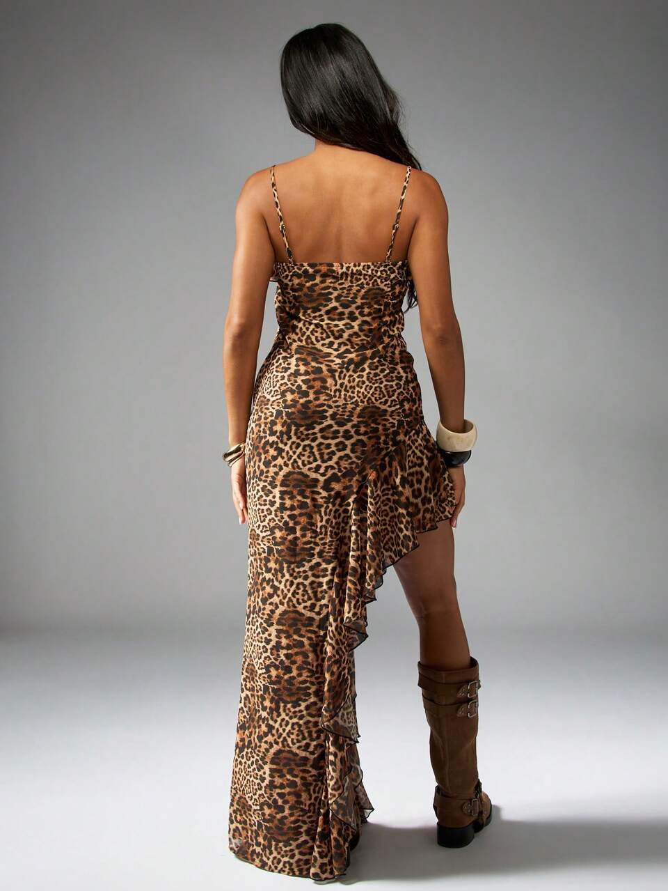 MISSGUIDED Animal Print Ruffled Maxi Dress High Low Hem Asymmetrical Design Spaghetti Strap Evening Party Cruise Holiday Occasion Wedding Guest Collection