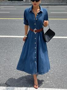 DAZY 女式夏季泡泡袖翻领收腰牛仔连衣裙 - 藍色 - 查看 8