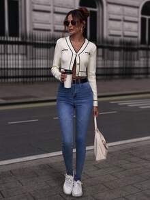 Solivie 白色开衫 撞色纽扣前开衫 秋冬长袖上衣 - 杏色 - 查看 4