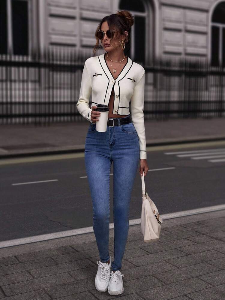 Solivie White Cardigan Contrast Binding Button Front Cardigan,Long Sleeve Tops In Fall/Winter - Apricot - View 4