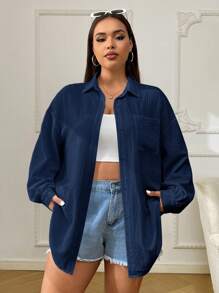 SHEIN EZwear 大尺碼女款休閒百搭海軍藍襯衫，秋季 - 藏蓝色 - 查看 6