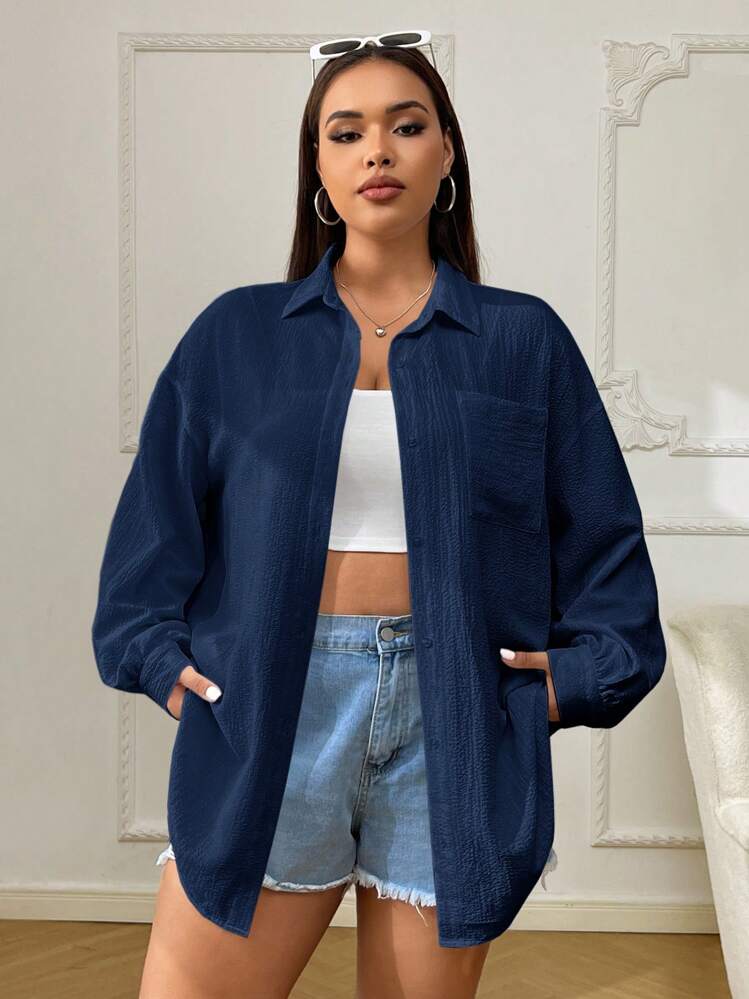 SHEIN EZwear Áo sơ mi xanh navy đa năng thường ngày cỡ lớn dành cho nữ - Màu xanh hải quân - Xem 6