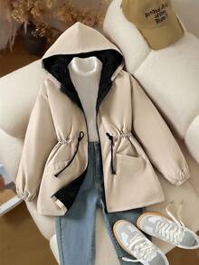 SHEIN Tween Girl Loose Casual Minimalist Comfortable Hooded Cinched Waist Contrast Zipper Decor Fleece Jacket, Autumn/Winter Fall - Khaki - View 2