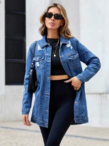 RueChic 100%Cotton Ripped Flap Pocket Denim Coat