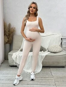 SHEIN Bộ 2 áo liền quần và áo khoác dệt kim gân cho bà bầu - Màu be - Xem 4