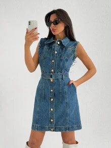EURMUSE WOMEN Casual Denim Button Front Dress - Medium Wash - View 3