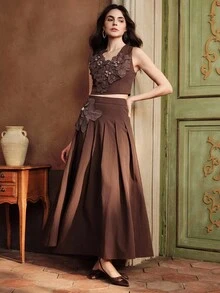 Anewsta Bộ 2 áo dài tay in họa tiết và quần short cho nữ - màu nâu - Xem 1