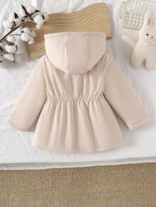 SHEIN Vintaside Kids 女童卡其色可爱脸连帽舒适时尚休闲棉服外套，秋冬 - 杏色 - 查看 2