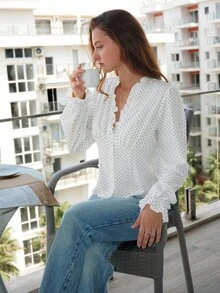 SHEIN LUNE Camicetta a maniche lunghe con scollo a V e pois bianchi, adatta per primavera/estate - Bianco - Visualizzare 4