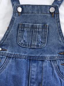 SHEIN 女婴可爱宽松蓝色牛仔背带裤秋冬装，街头酷炫风格牛仔服 - 深色水洗藍 - 查看 8