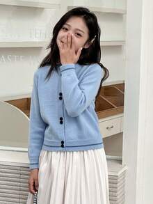 DAZY Tween Girl Tie Neck Design Long Sleeve Single-Breasted Casual Cardigan Fall/Winter - Baby Blue - View 7