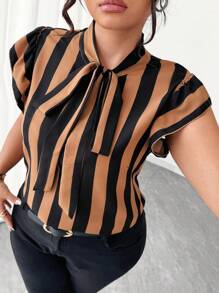 Elenzga Plus Size Casual/Office Black & White Striped Tie Sleeve Design Blouse - Multicolor - View 6