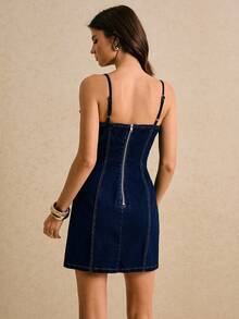 Poéselle Nuevo vestido de mezclilla para mujer con cuello de pétalo, tirantes lavados, vestido mini ajustado, vestido de otoño de color azul oscuro, vestido de moda para fiesta, vestido para salir, vestido de otoño para mujer, vestido de invierno para mujer, vestido de Halloween para mujer, vestido del Día Nacional, vestido de Año Nuevo, vestido de fiesta, vestido de fiesta corto, vestido de graduación para mujer - Azul lavado oscuro - Ver 2