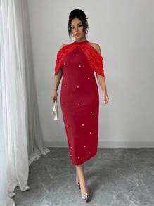 Elenzga Plus Size Women Cold Shoulder Metallic Foil Sleeveless Bodycon Dress, Elegant And Chic - Red - View 5