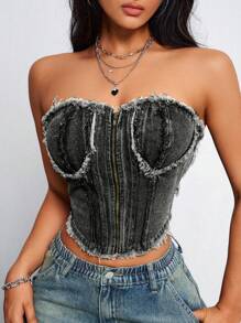 SHEIN EZwear Women's Patchwork Frayed Zipper Design Cropped Denim Top - Grey - View 4