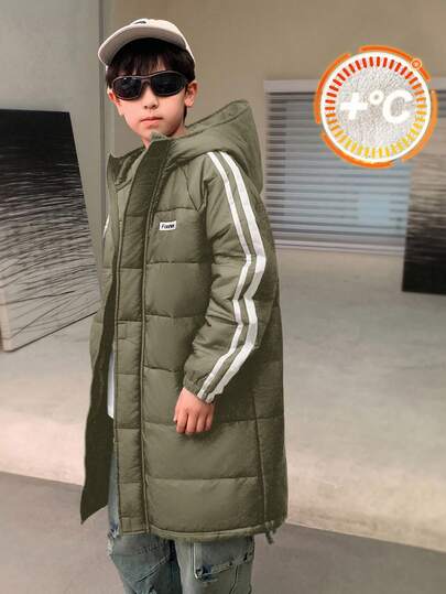 SHEIN Barn/Tween Pojkar Casual Sportig Patchwork Parka, Tjock Huvad Mellanlång Vävd Vadderad Kappa Lämplig För Pendling, Skola, Vardagsliv, Resor, Sport, Vår/Sommar/Höst/Vinter
