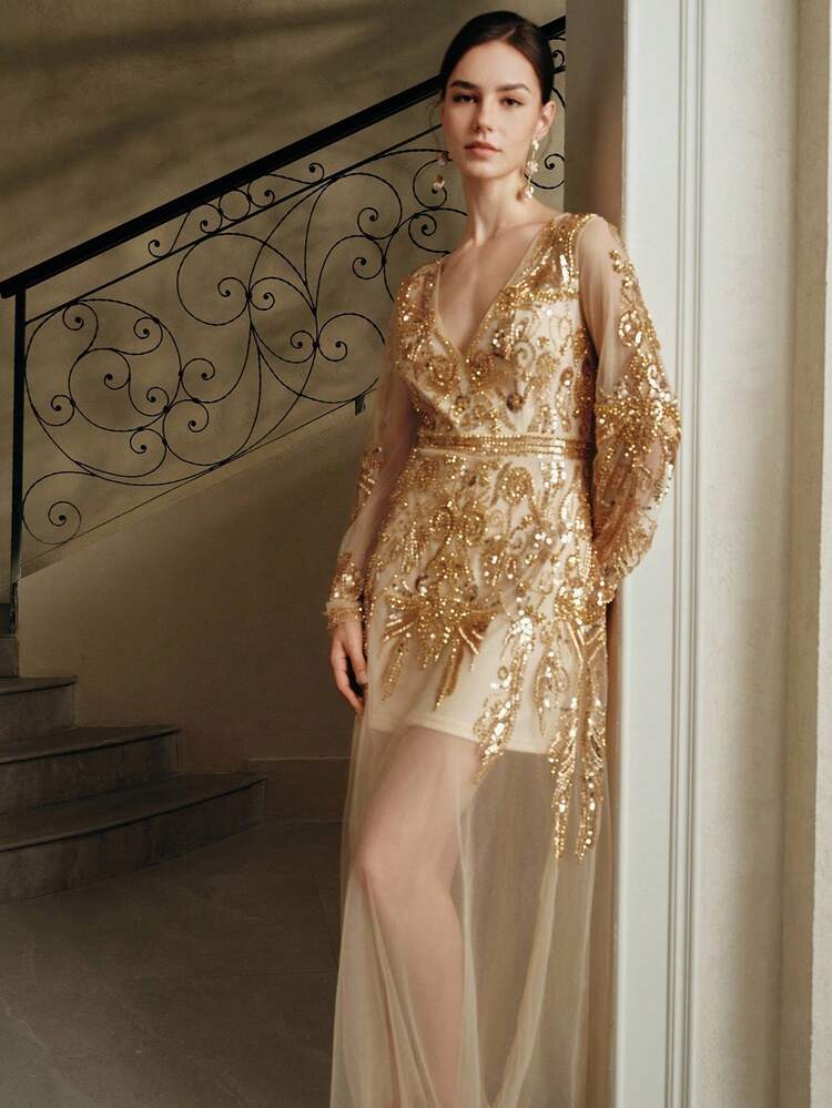 Abito da sera da donna a maniche lunghe, scollo a V profondo, con paillettes e perline, in tessuto trasparente di lusso per feste