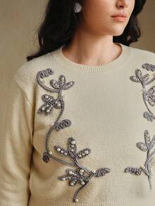 Anewsta Embroidered Knit Pullover Sweater,Sage Green,Autumn,Elegant,Wedding Guest,Chic Winter New Year Christmas Work Graduation Wedding Formal Party Sweater - Apricot - View 1