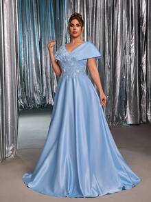 Glamrae 加大码优雅浪漫奢华 3D 花卉设计缎面喇叭袖长裙，适合晚会、约会、舞会、毕业典礼、婚礼、正式场合（重磅装饰） - 藍色 - 查看 3