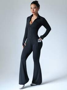 Dewbera 女式简约纯色拉链夹克和高腰喇叭裤运动套装 - 黑色 - 查看 4