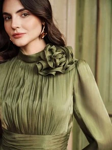 Anewsta 女式优雅 3D 花卉高领长灯笼袖荷叶边下摆高低连衣裙，秋季 - 綠色 - 查看 2