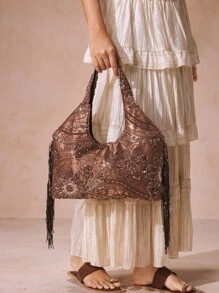 SHECARRY Fashionable Floral Sequin Decorated Tote Bag, Elegant For Daily Use - Coffee - View 2