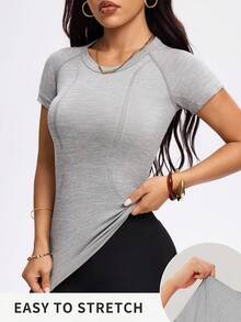 Dewbera 女士休闲透气插肩袖修身运动T恤，夏季无缝衬衫健身衫 - 灰色 - 查看 3