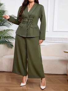 Modelyn 加大码女式两件套可调节腰部西装外套和阔腿裤套装秋冬装 - 軍綠色 - 查看 4