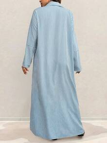 Linhara Váy sơ mi dài phong cách ngày lễ cỡ lớn cho nữ, áo sơ mi dài tay, khối màu & sọc, nút đơn - Màu xanh nhạt - Xem 2