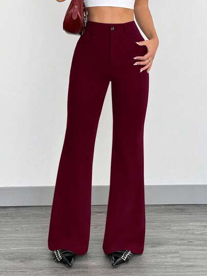 SHEIN EZwear Pantalon évasé taille haute ajusté rouge vin