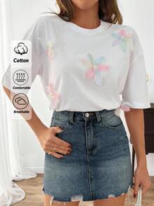 EURMUSE 花卉贴花短袖 T 恤 夏季季节性图案 T 恤 女式上衣