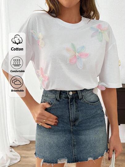 EURMUSE Flower Applique Short Sleeve T-Shirt For Summer Seasonal Graphic Tees Women Tops