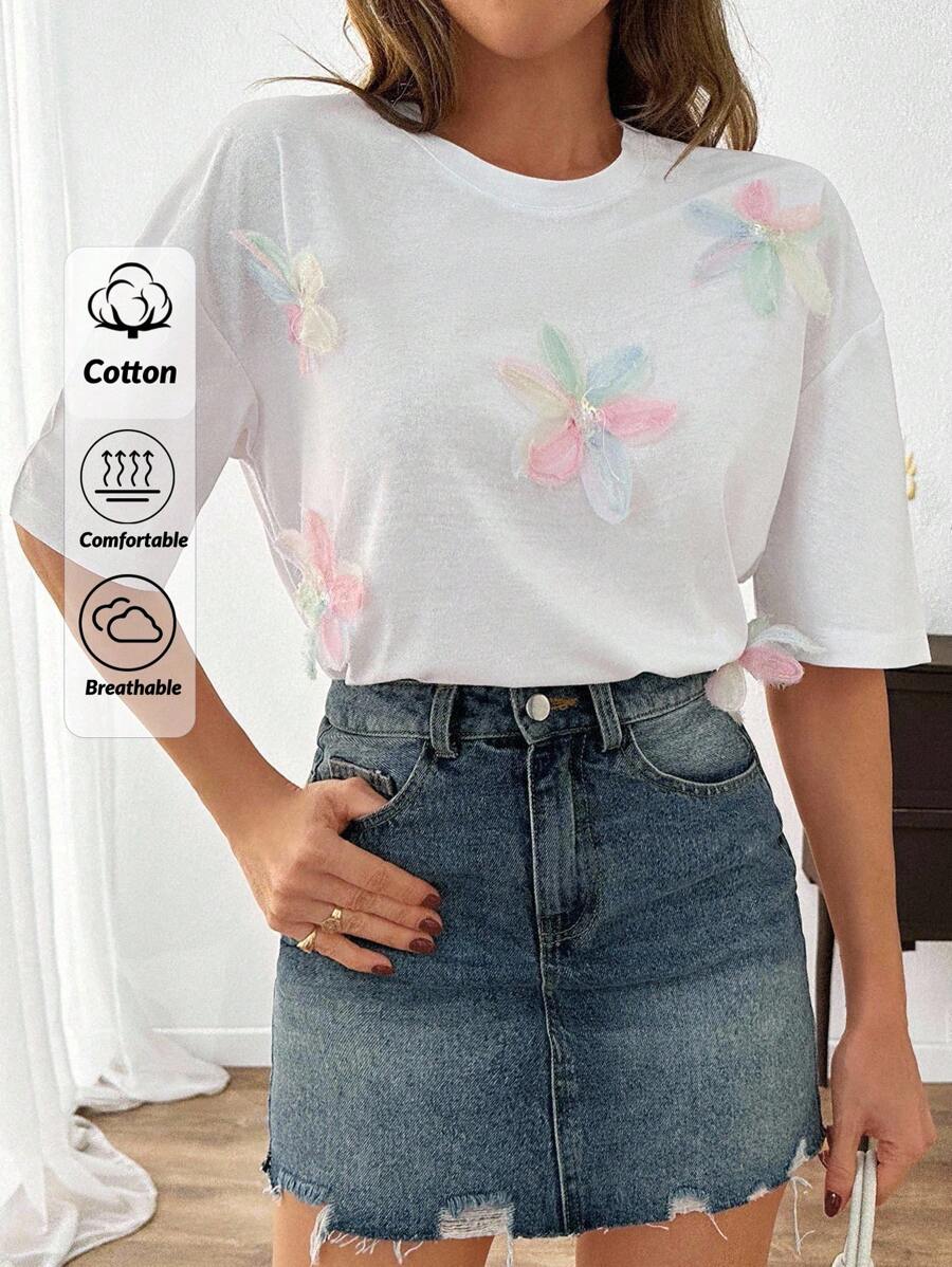 EURMUSE 花卉贴花短袖 T 恤 夏季季节性图案 T 恤 女式上衣