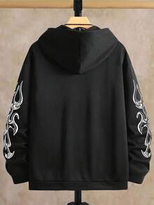 Manfinity Homme Plus Size Men's Letter Print Long Sleeve Zip Front Pocket Drawstring Hoodie Sweatshirt, Black Graphic Zip Up, Graphic Zip Up Hoodie Men S, Black And White Zip Up Hoodie , Fall