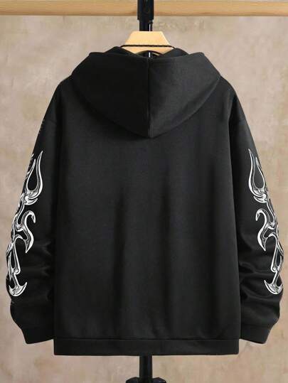 Manfinity Homme Plus Size Men's Letter Print Long Sleeve Zip Front Pocket Drawstring Hoodie Sweatshirt, Black Graphic Zip Up, Graphic Zip Up Hoodie Men S, Black And White Zip Up Hoodie , Fall