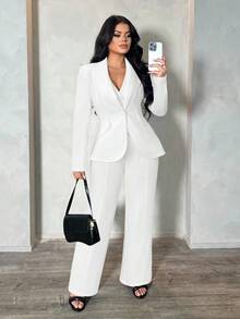 SHEIN SXY 三件套：深蓝色长袖西装外套、马甲和长裤，性感通勤约会套装，适合秋冬季、商务、复古、派对、度假、外出、老钱、妩媚动人、舞会、情人节、邮轮旅行、通勤、层次感丰富的搭配、约会之夜、聚会、极简主义、生日、正式场合、假期、休闲、端庄、时尚、休闲、购物、街头风、外出等场合。女士套装 白色西装 白色西装外套套装 秋季 - 白色 - 查看 4