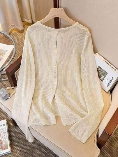 Franclia 法式镂空透视长袖针织衫，女士轻薄宽松套头毛衣，露背设计，贝壳纽扣装饰，适合春秋季返校季、秋冬季节穿着，优雅时尚，休闲通勤、商务办公、日常休闲百搭，都市教师职业装。