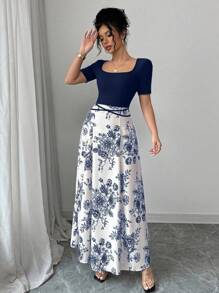 Selianne 女士优雅修身腰系带旗袍式印花短袖连衣裙 - 藏蓝色 - 查看 5