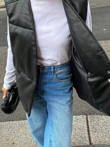 DAZY Women's Padded Vest Jacket, New Fashion Loose V-Neck Solid Color Casual Street Side Pocket Thickened Waistcoat Winter Leather Jacket - Black - View 8